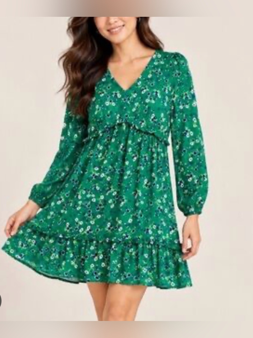 LOFT Green Floral V-Neck Long Sleeve Dress 6P